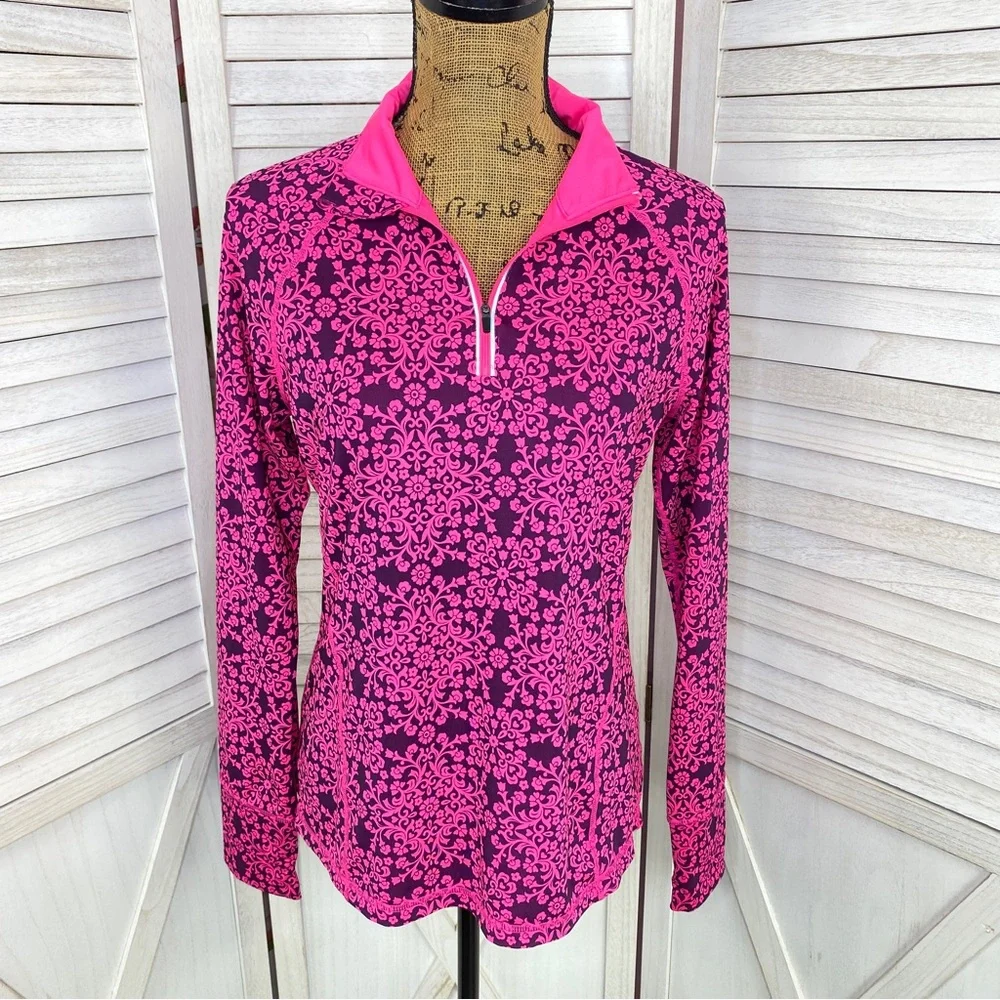 Ideology Floral Damask Print Quarter Zip Athletic Top Purple Pink Medium - Picture 1 of 14